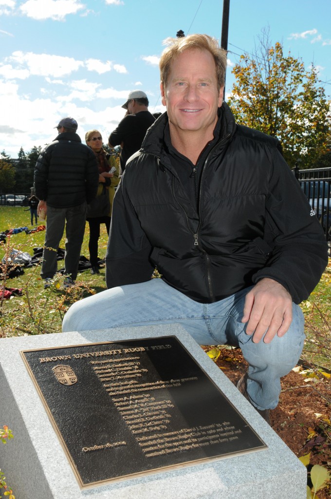 RugbyPlaque-50 Kent Swig at the Brown rugby field plaque in memory of Dave Zucconi
